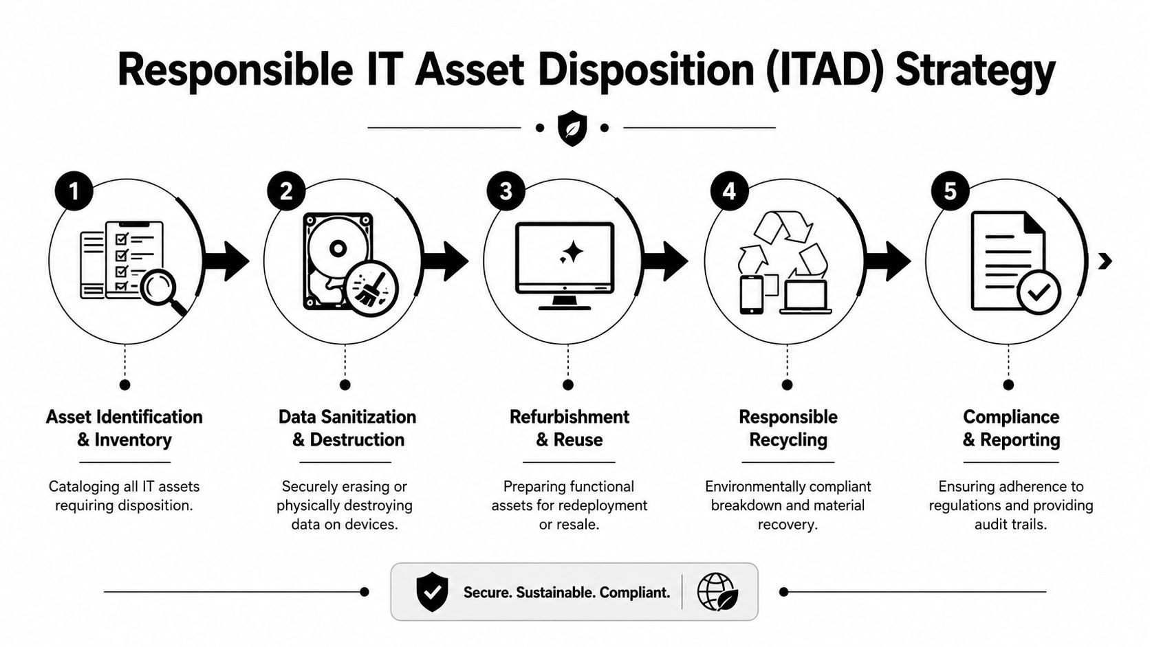 A five-step flowchart illustrating the process of responsible IT asset disposition from inventory to compliance.