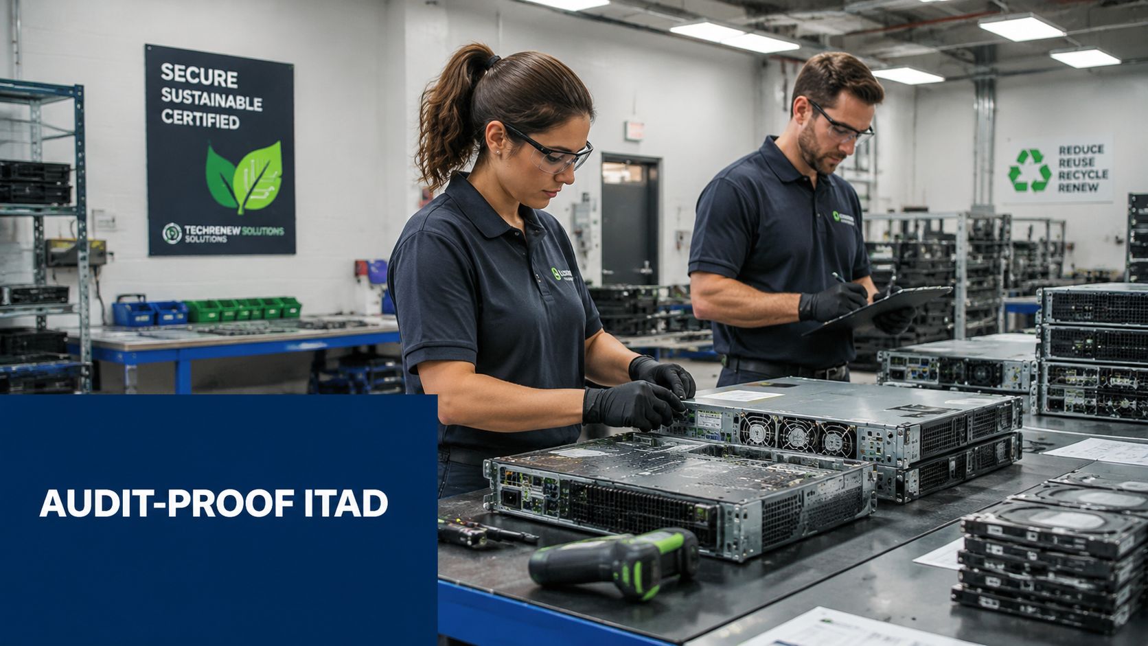 Two technicians working on server hardware components in a secure industrial IT asset disposition facility.