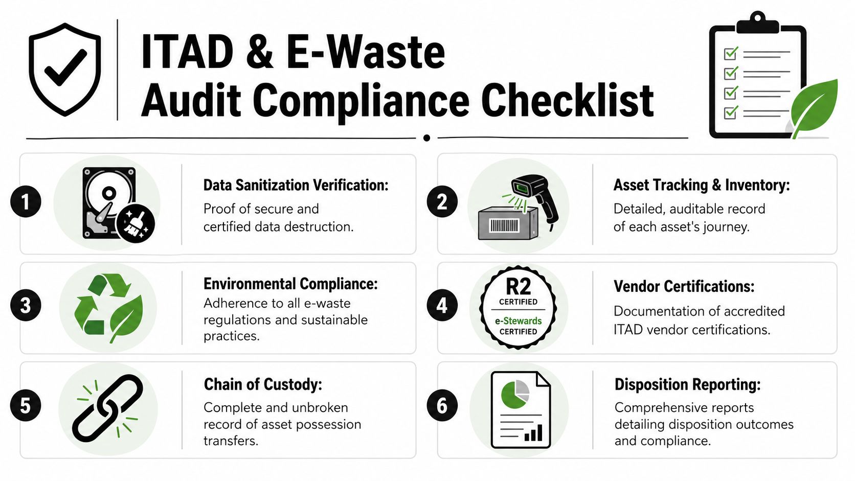 An infographic titled ITAD and E-Waste Audit Compliance Checklist featuring six essential steps for electronic asset management.