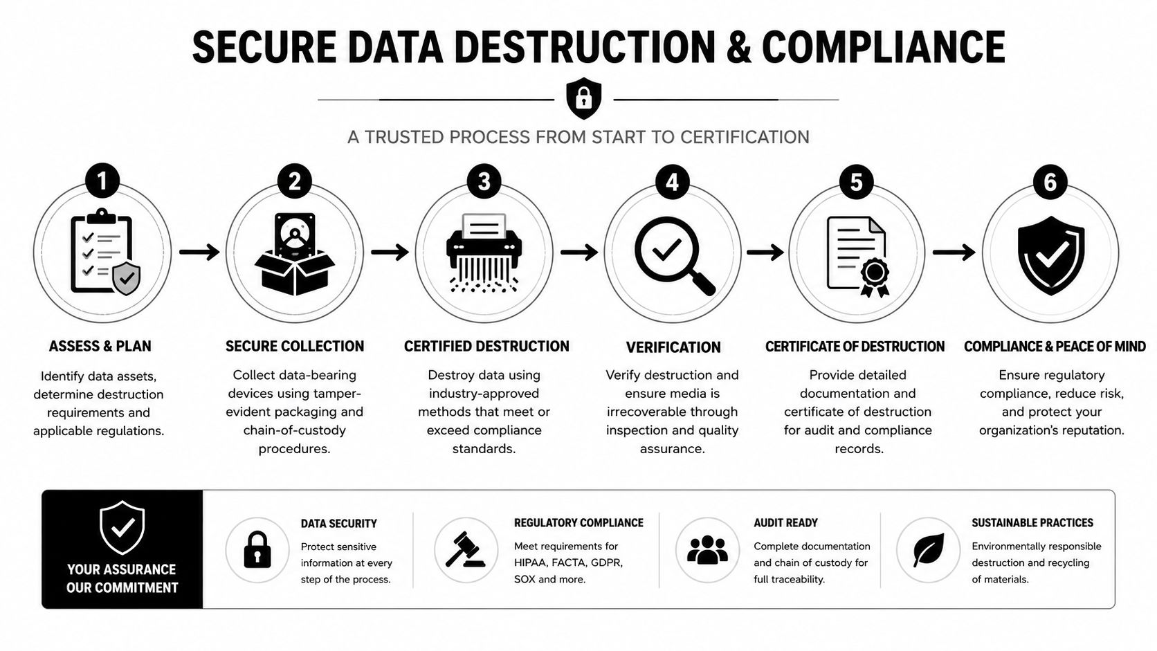A six-step infographic illustrating a secure data destruction and compliance process for businesses and organizations.