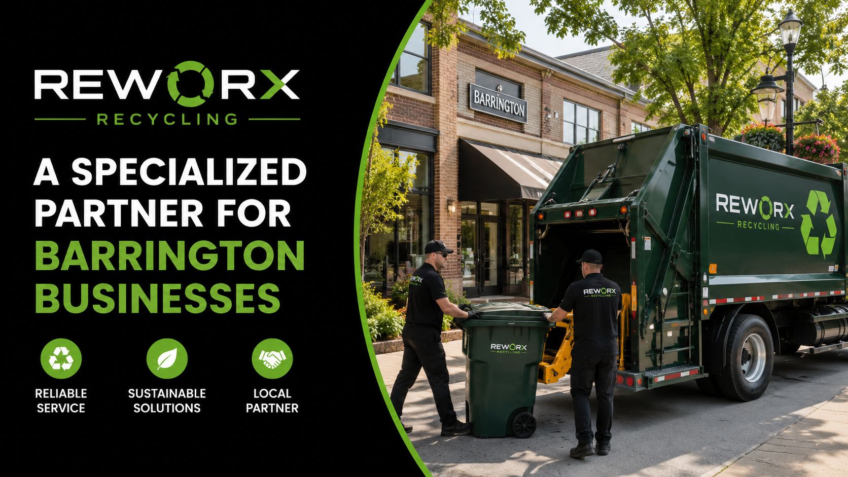 Two Reworks Recycling employees emptying a green trash bin into a recycling truck in downtown Barrington.