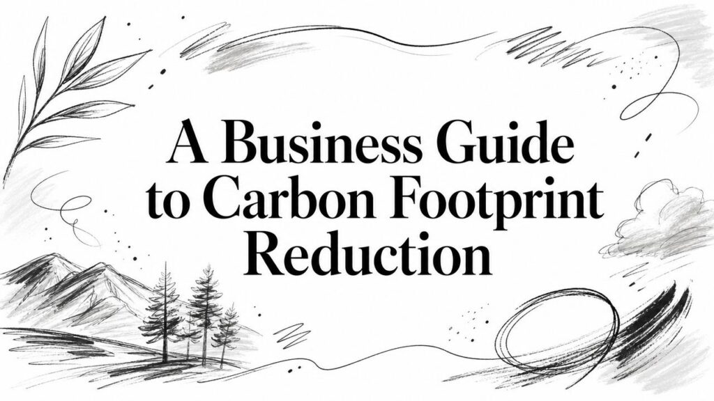A Business Guide to Carbon Footprint Reduction features black sketches of mountains, trees, and clouds.