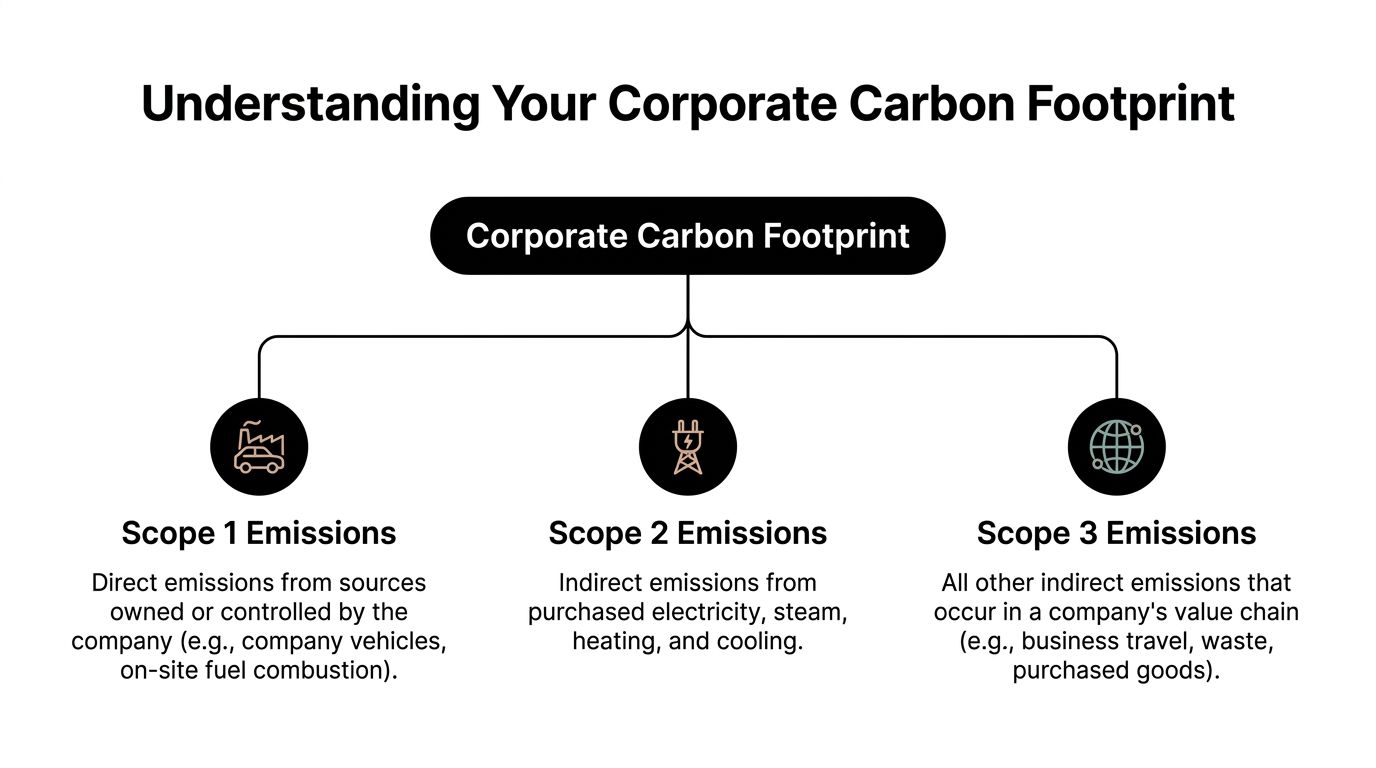 A diagram illustrating the three scopes of corporate carbon footprints with definitions for each category.