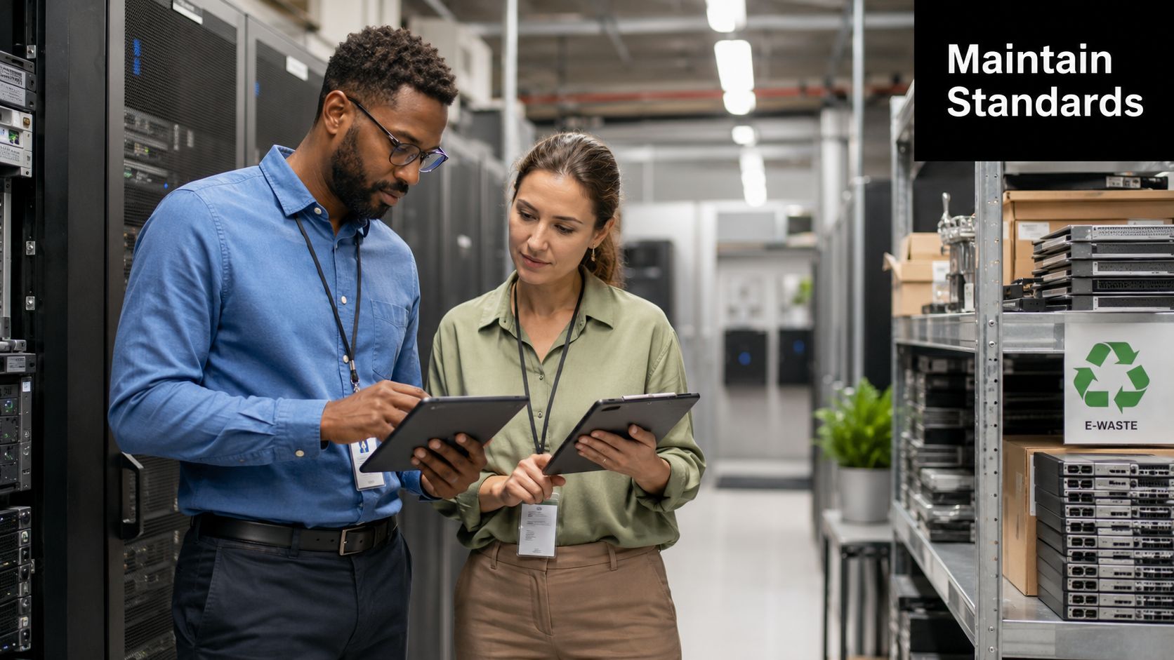 A professional man and woman hold tablets while inspecting server racks in a modern data center.