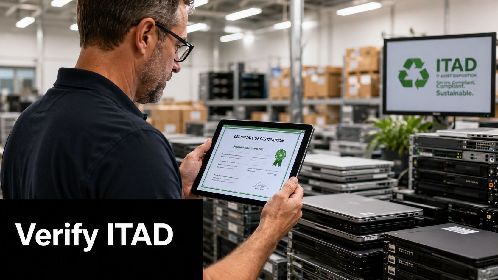 A technician holds a tablet displaying a digital certificate of destruction for electronic assets in a warehouse.