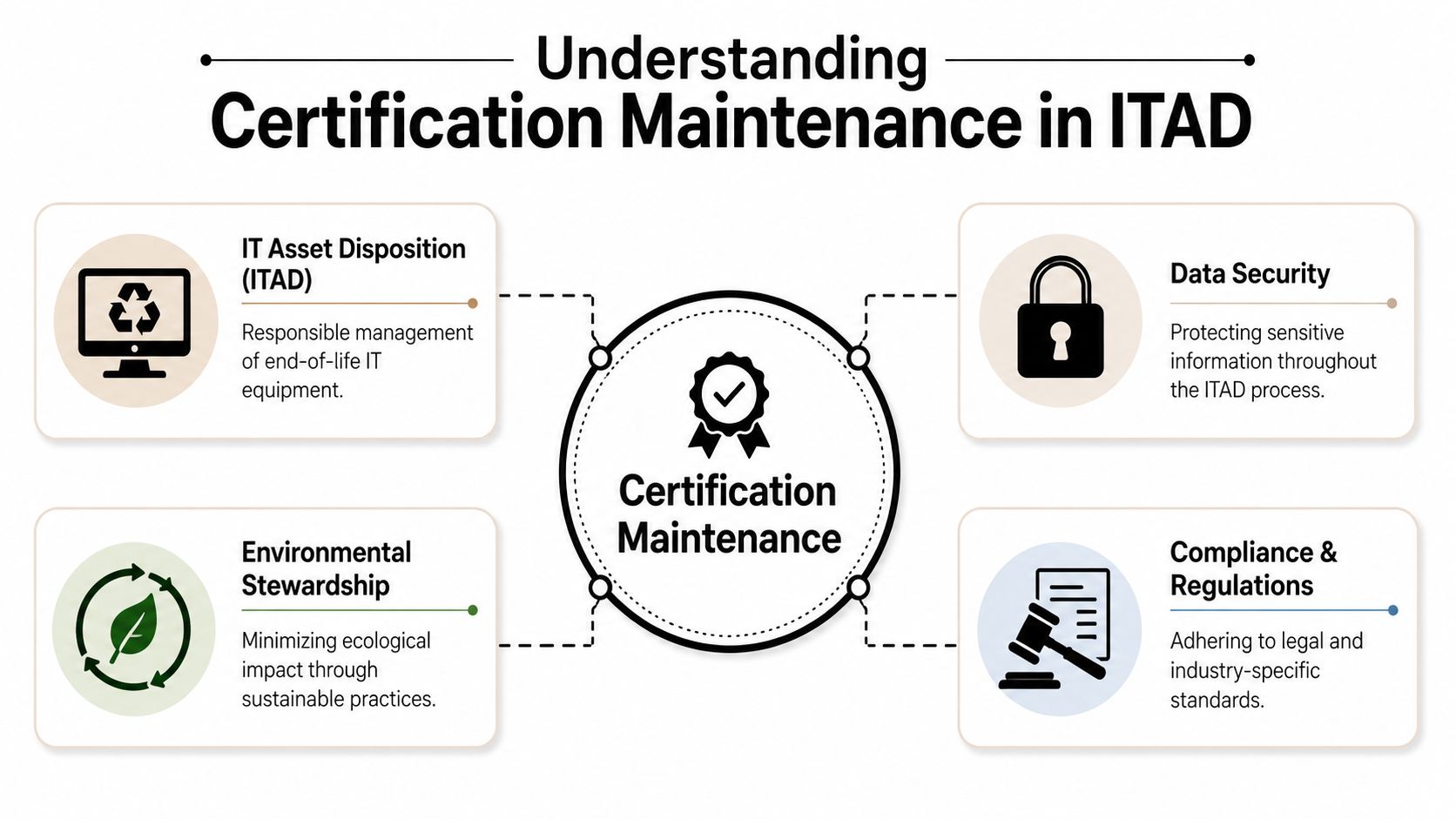 An infographic titled Understanding Certification Maintenance in ITAD highlighting key components like data security and environmental stewardship.