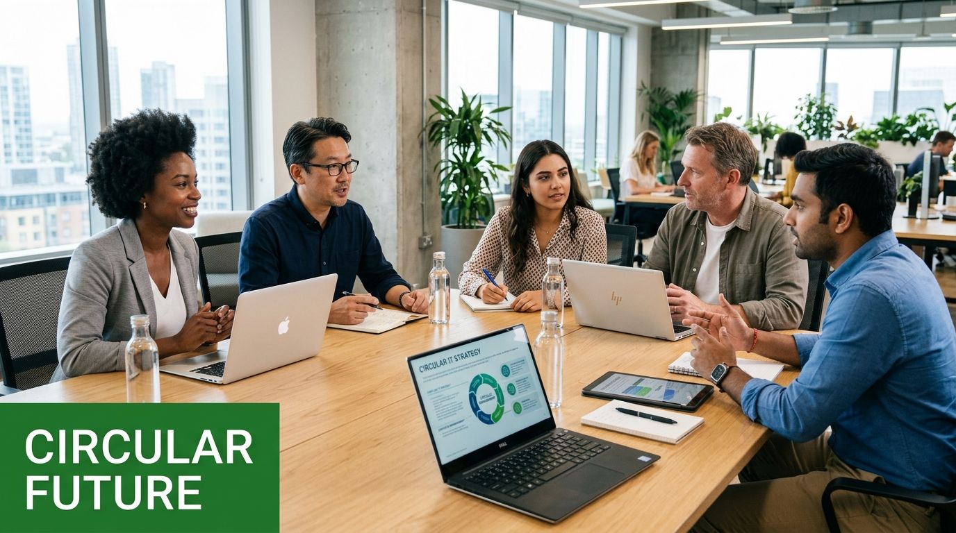A diverse group of professionals collaborates around a wooden conference table in a modern, sunlit office setting.