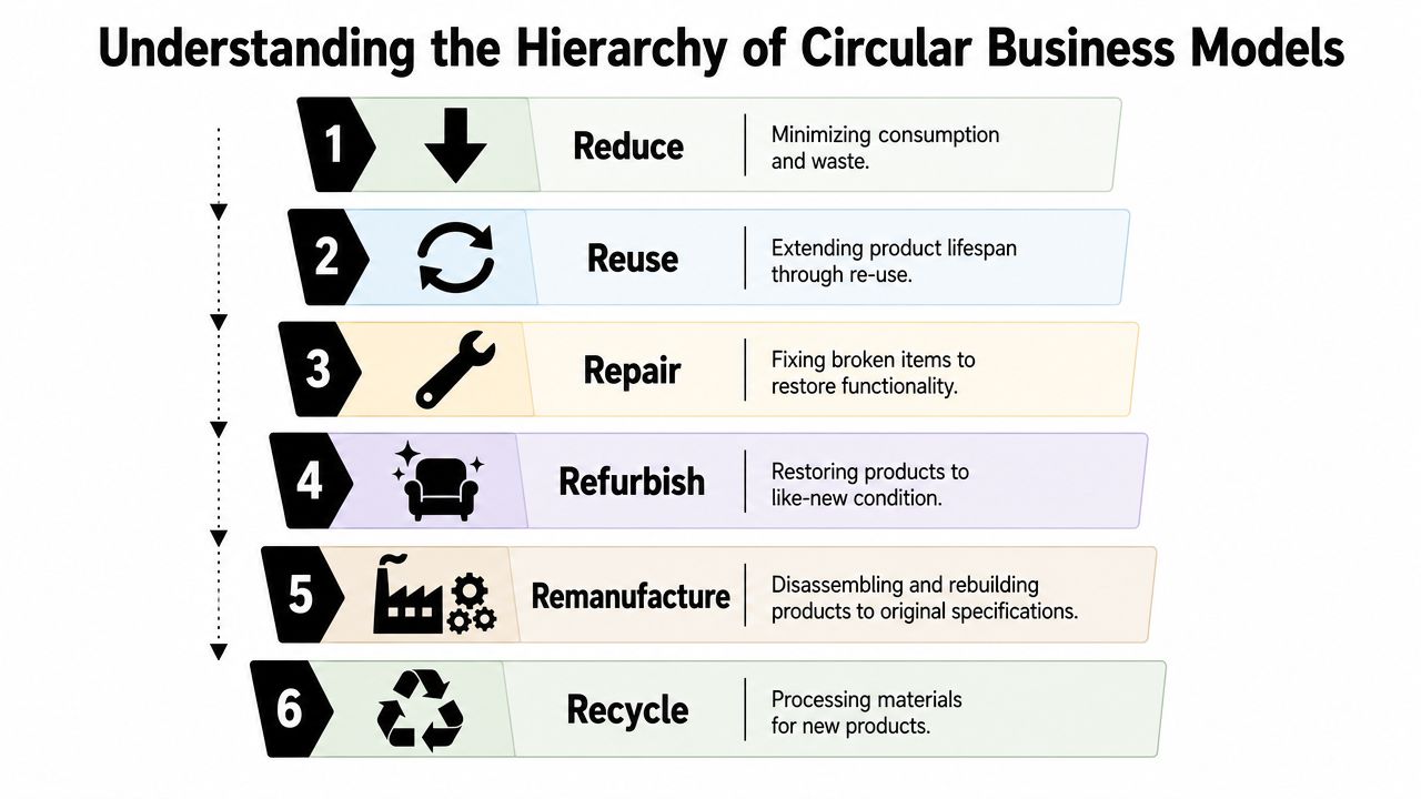 A six-step hierarchy infographic illustrating circular business models ranging from reducing consumption to recycling materials.