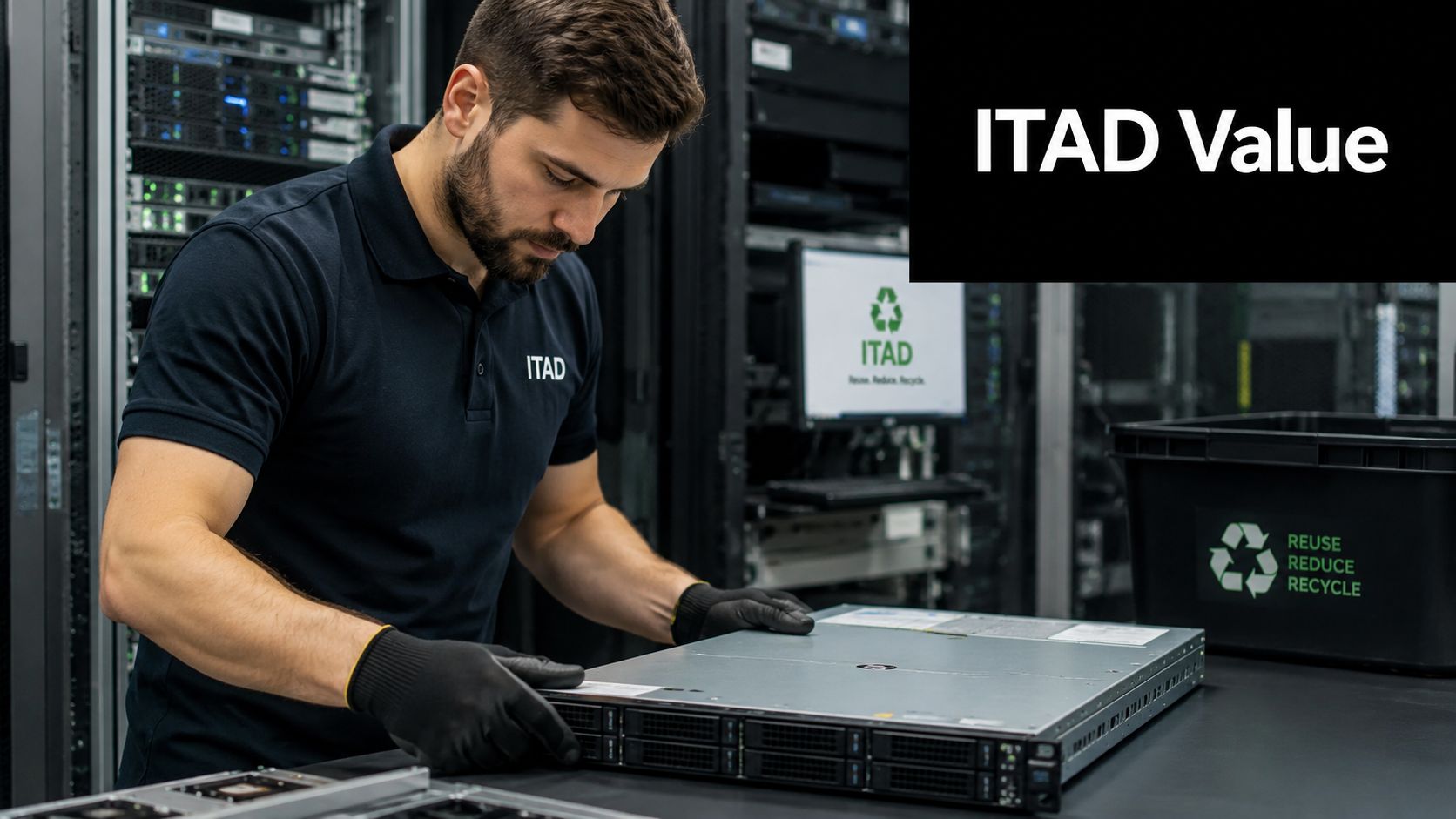 A technician wearing black gloves processes server equipment in a data center for IT asset disposition services.