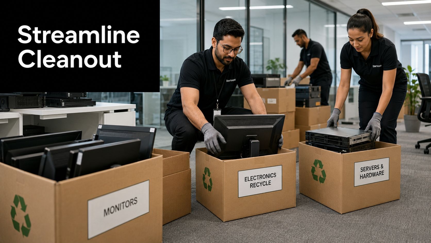 Professional team packing electronic equipment into cardboard boxes at a corporate office for recycling purposes.