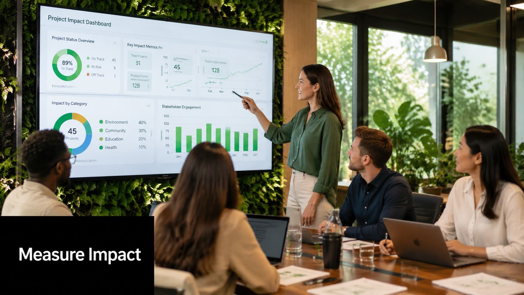 A businesswoman presents project impact metrics to a team of colleagues in a modern office meeting room.