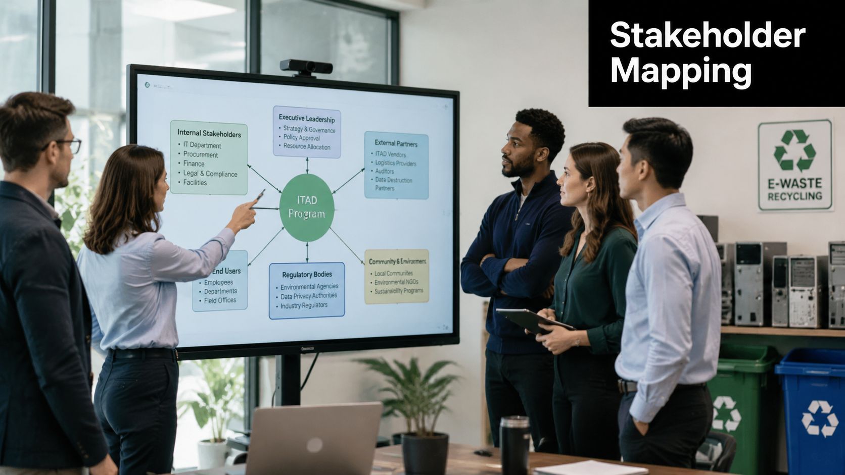 A professional team collaborating on an ITAD program stakeholder mapping chart displayed on a large screen.