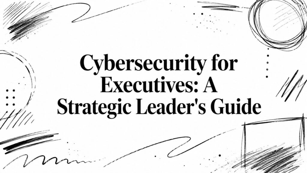 The image displays "Cybersecurity for Executives: A Strategic Leader's Guide" with abstract black sketches.