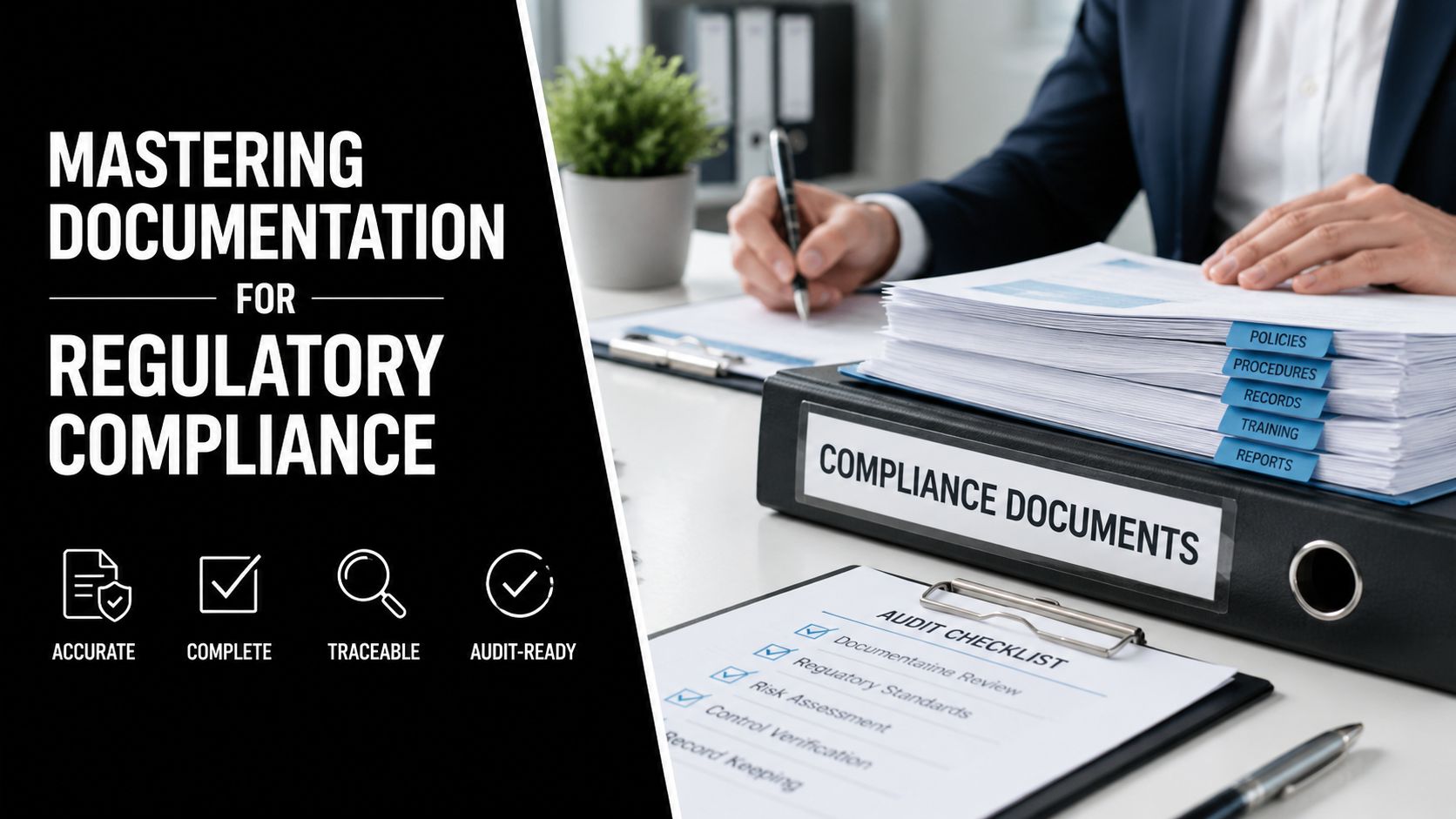 A professional organizing regulatory compliance documents with an audit checklist and a binder on an office desk.