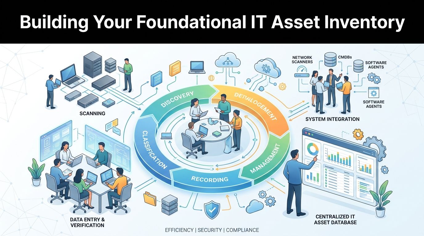 A professional infographic illustrating the step-by-step process of building a foundational IT asset inventory for organizations.