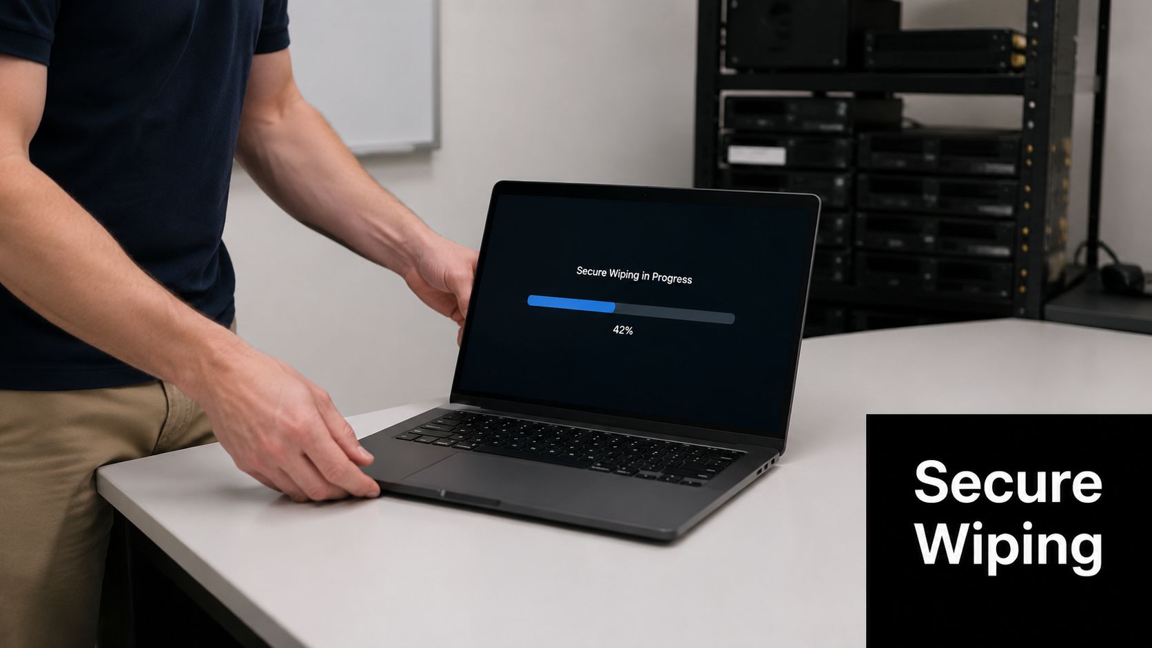 A person preparing a laptop to undergo a secure data wiping process in a professional server room.