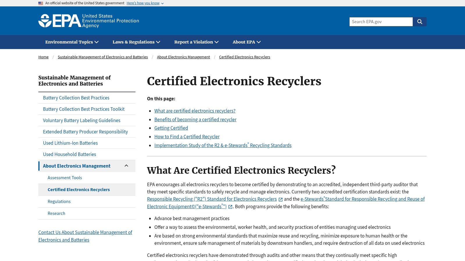 U.S. EPA, Certified Electronics Recyclers (R2 and e-Stewards)