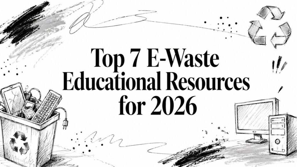 A recycling bin filled with electronics and a desktop computer promotes top e-waste educational resources.