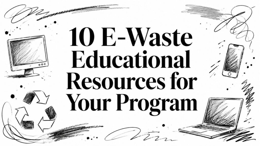 The image shows "10 E-Waste Educational Resources for Your Program" text, electronics, and recycling symbols.