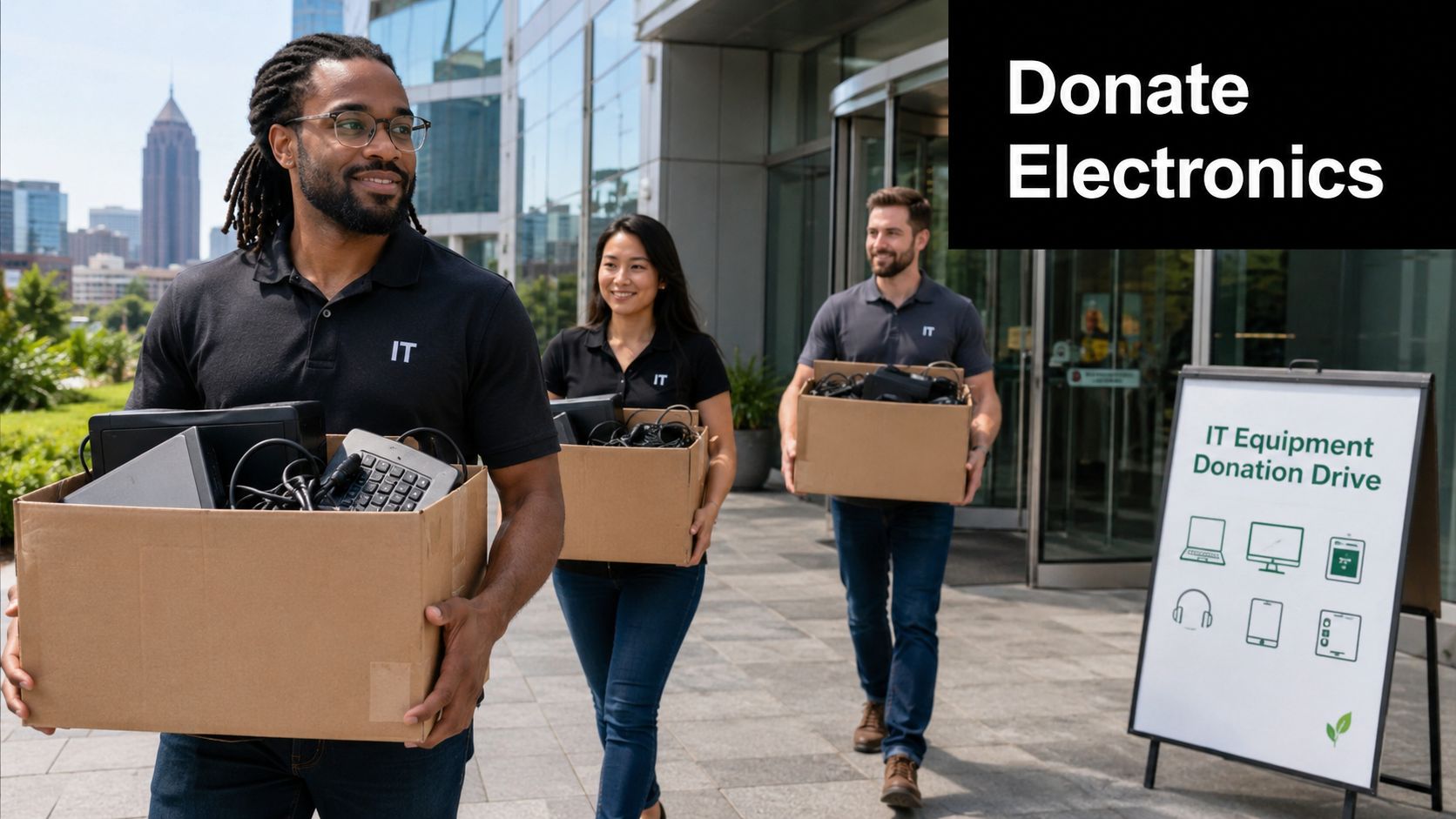 Three professional people carrying cardboard boxes of electronic equipment for an IT donation drive event.