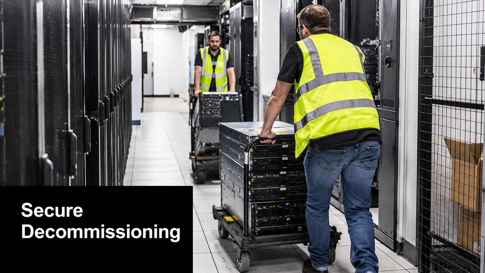 Two technicians in high-visibility vests moving server equipment on carts through a data center aisle.