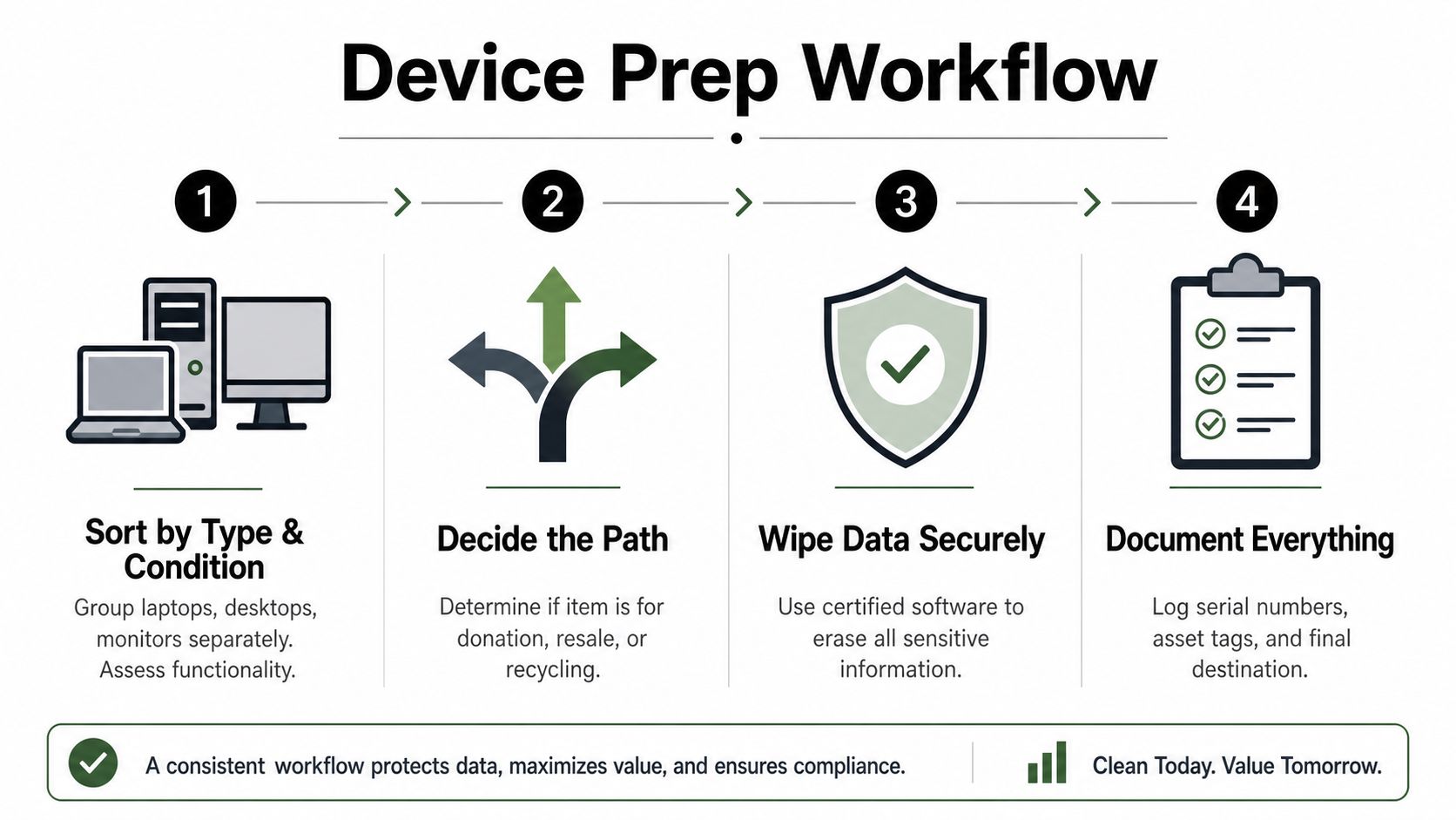 A four-step infographic illustrating the professional workflow for organizing, processing, and recycling electronic computer equipment.