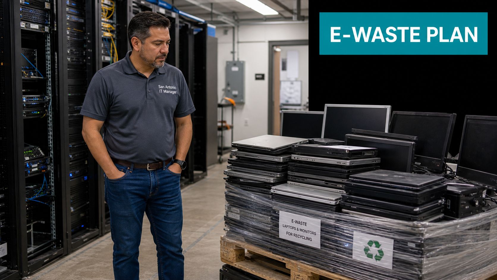 A San Antonio IT manager observing a pallet of discarded laptops and monitors designated for electronic recycling.