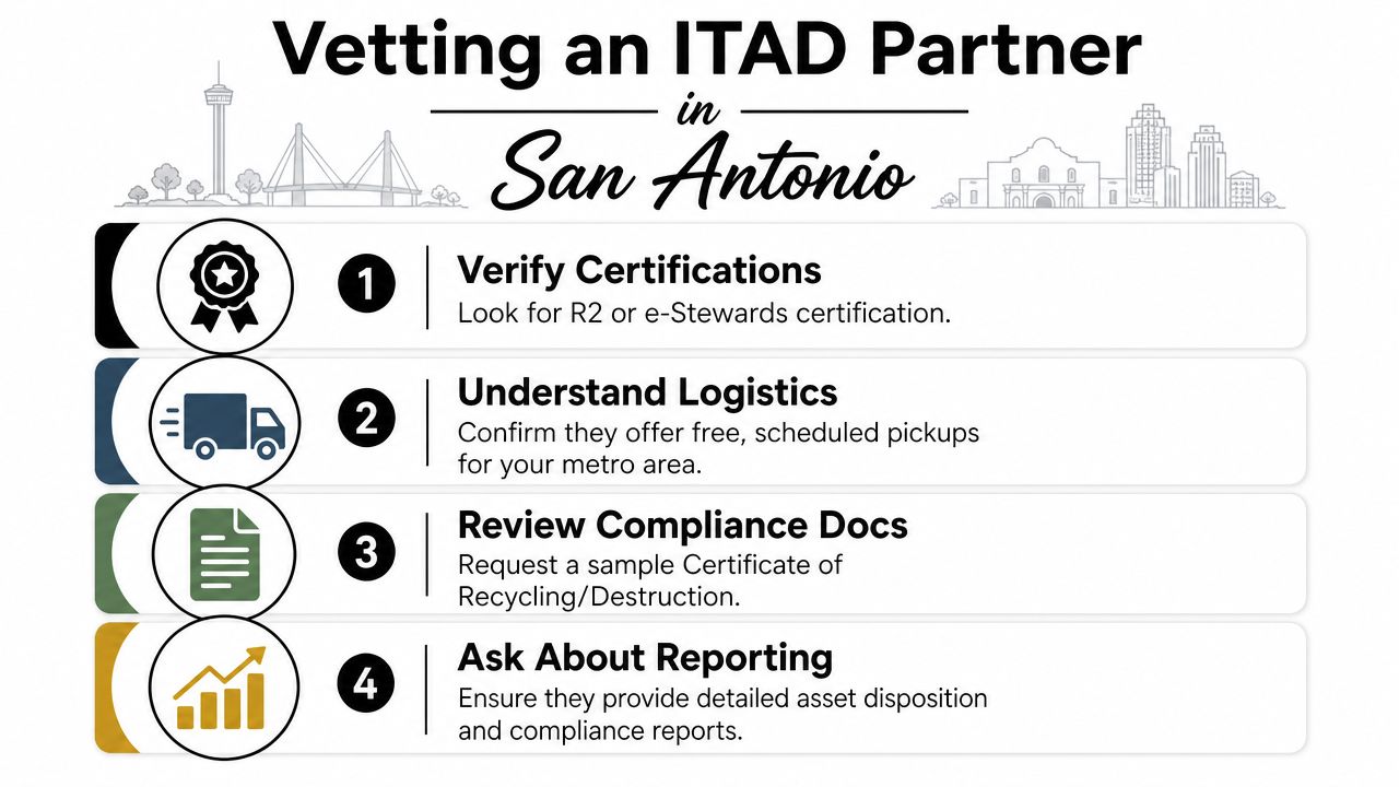 An infographic titled Vetting an ITAD Partner in San Antonio outlining four key steps for choosing IT asset disposition services.