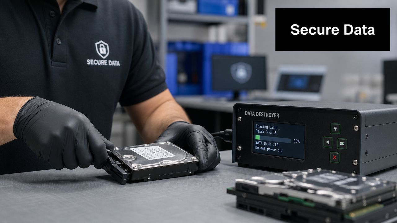 A professional technician wearing black gloves uses a data destruction device to securely wipe a hard drive.