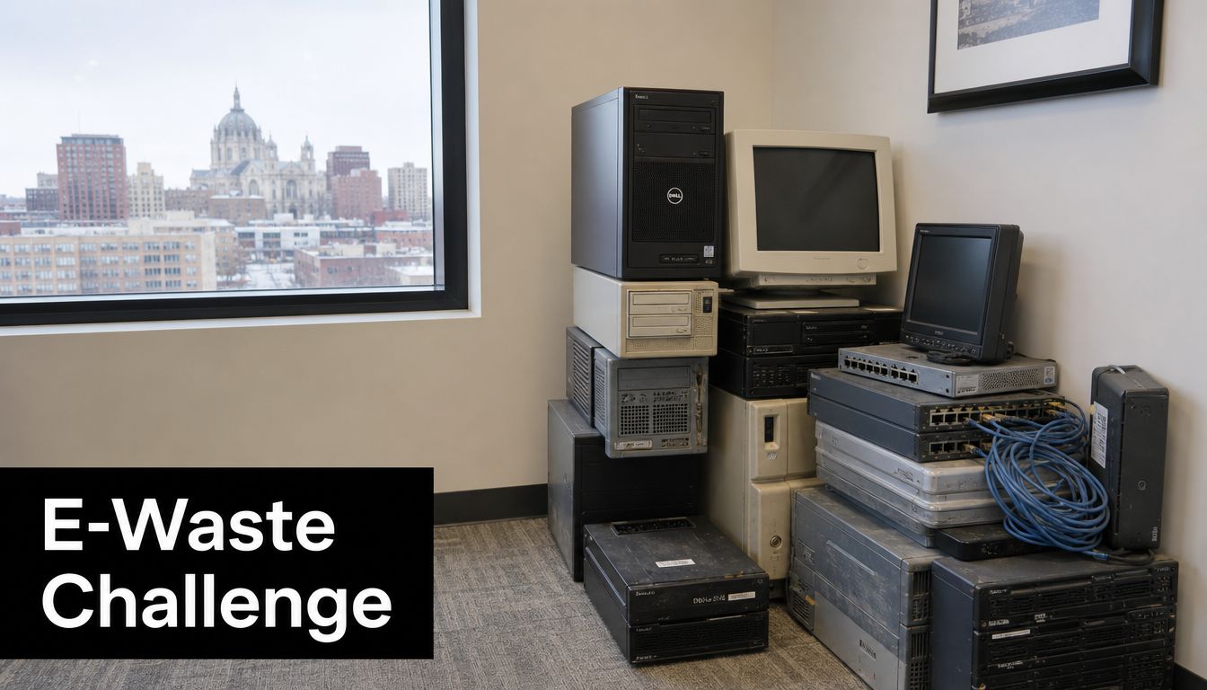 A stack of old computer towers, monitors, and networking hardware sitting in an office corner.