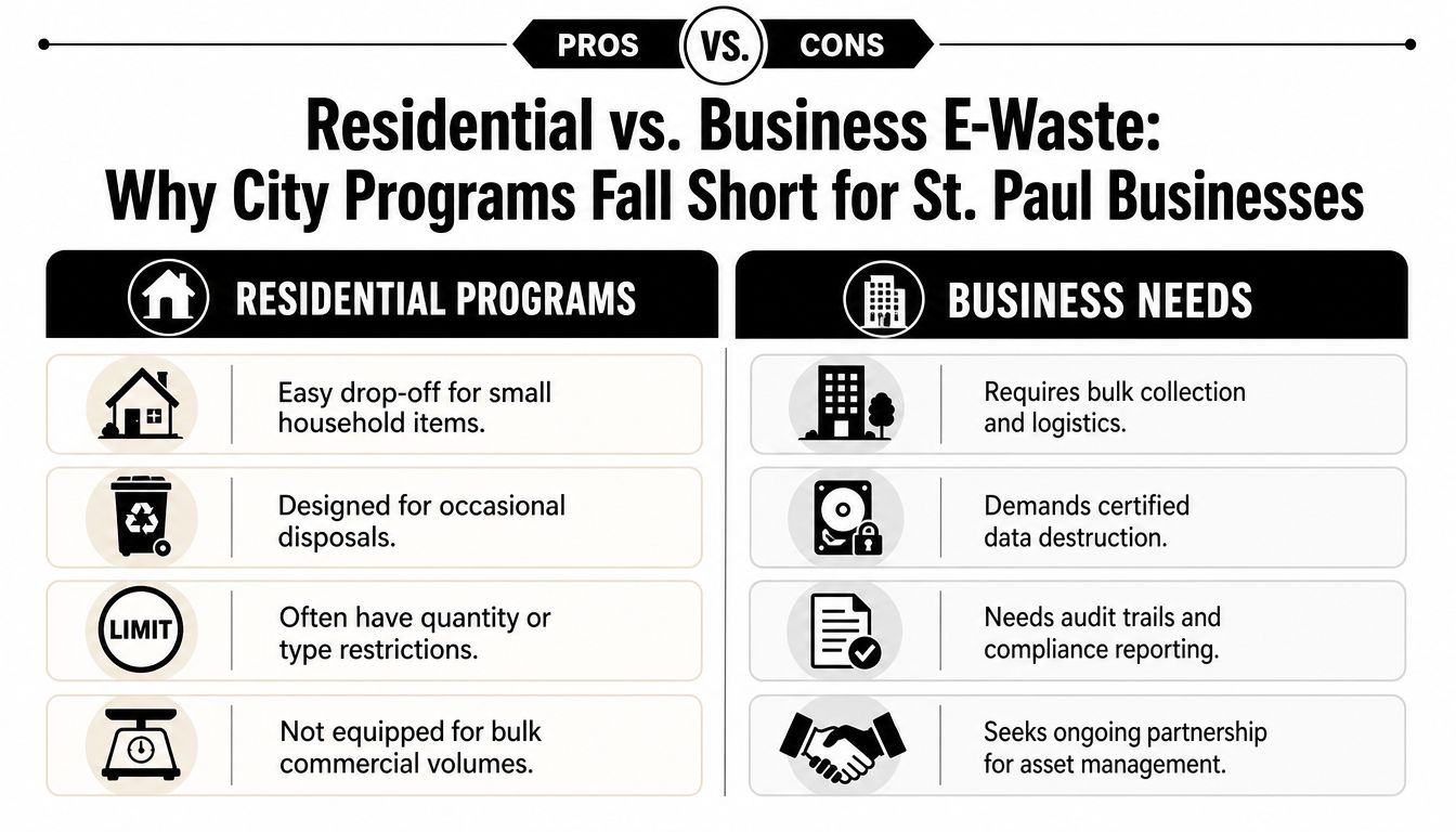 A comparison chart showing why residential e-waste programs are insufficient for the needs of St. Paul businesses.