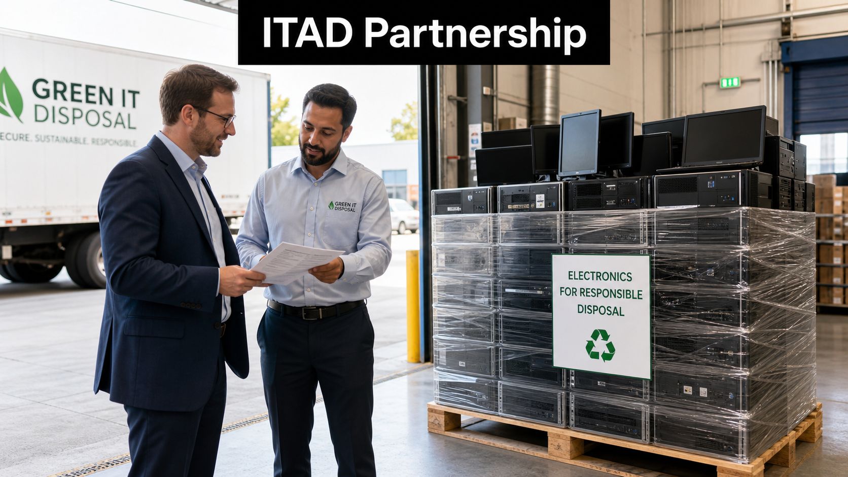 Two professionals in business attire reviewing documents next to a pallet of electronics for responsible disposal.
