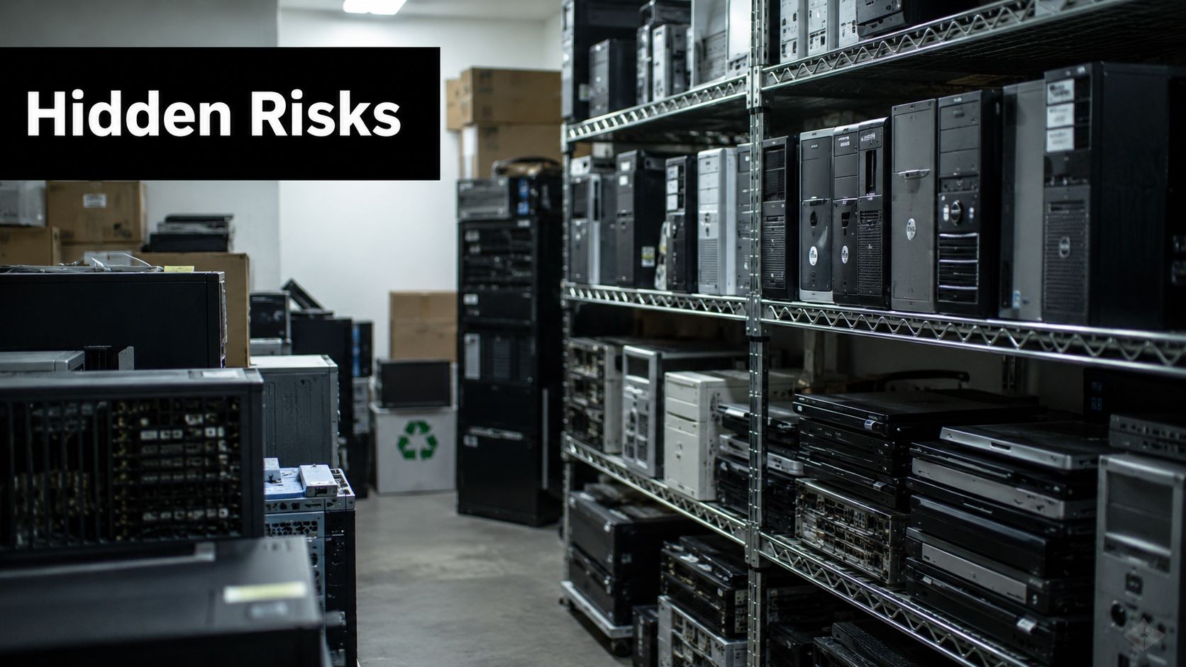 A storage warehouse filled with rows of old computer towers and server racks on metal shelving units.
