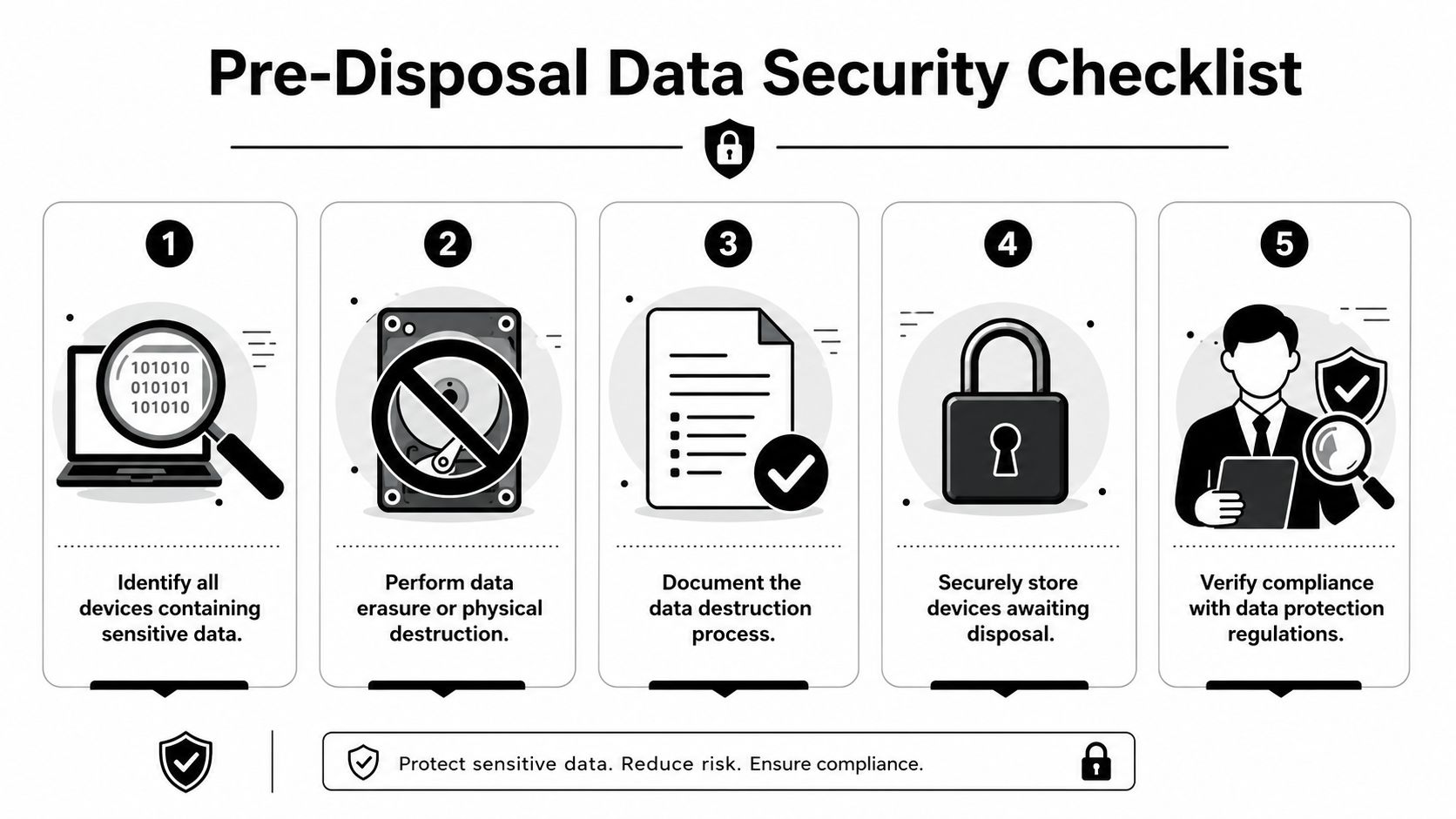 A five-step checklist for securely disposing of sensitive data from electronic devices before recycling or destruction.