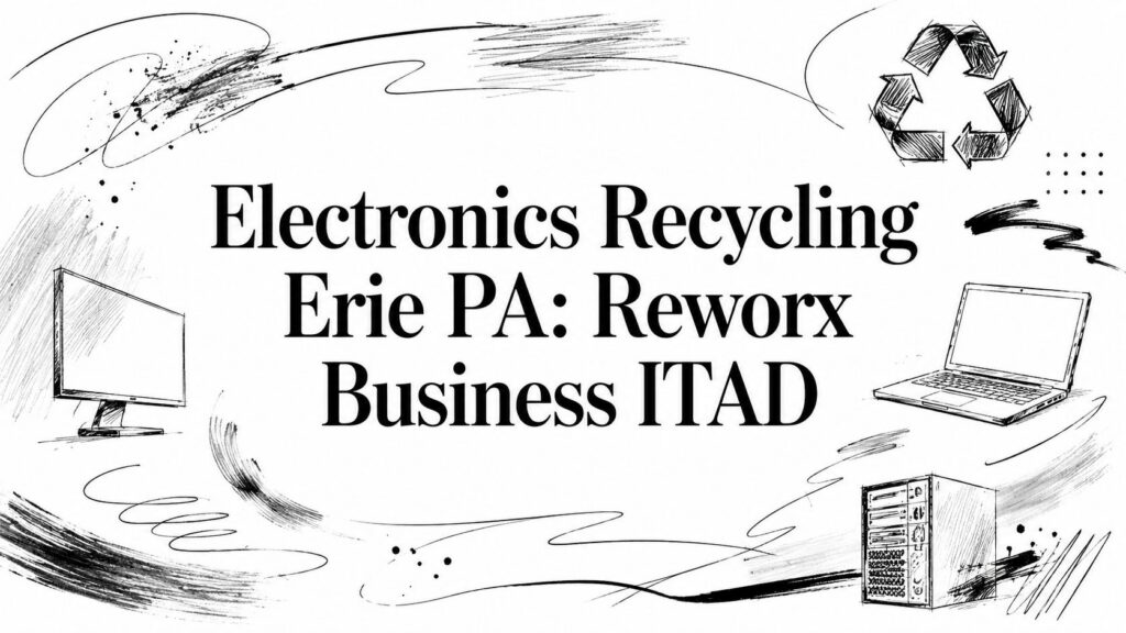 A recycle symbol and electronic device sketches illustrate Electronics Recycling Erie PA by Reworx ITAD.