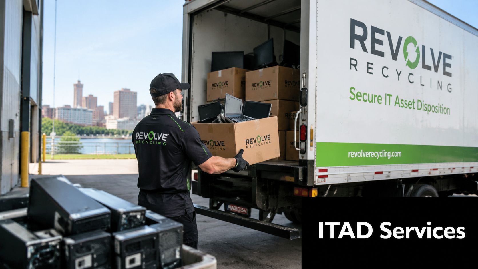 A Revolve Recycling worker loads a box of old laptops into a truck for IT asset disposal.