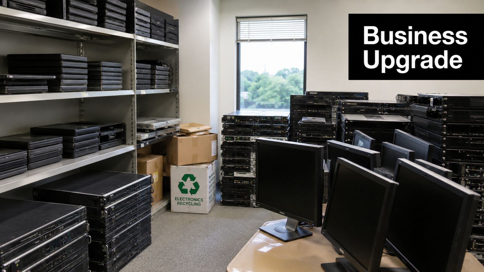 A storage room filled with stacked laptop computers, server racks, and computer monitors for electronics recycling.
