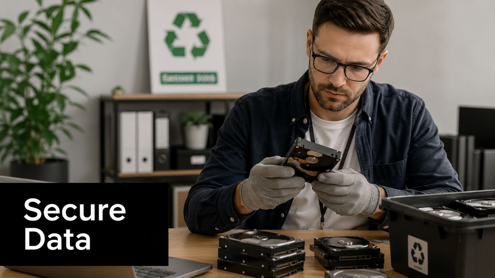 A technician wearing safety gloves inspects a recycled hard drive in a professional electronics recycling center.