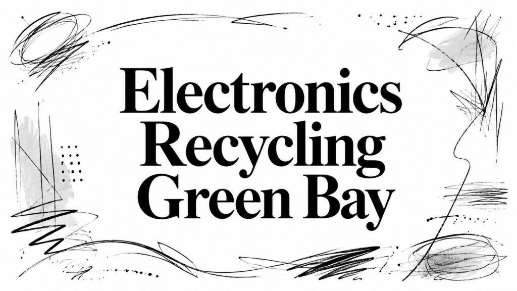 The text "Electronics Recycling Green Bay" is framed by abstract black sketches and lines.