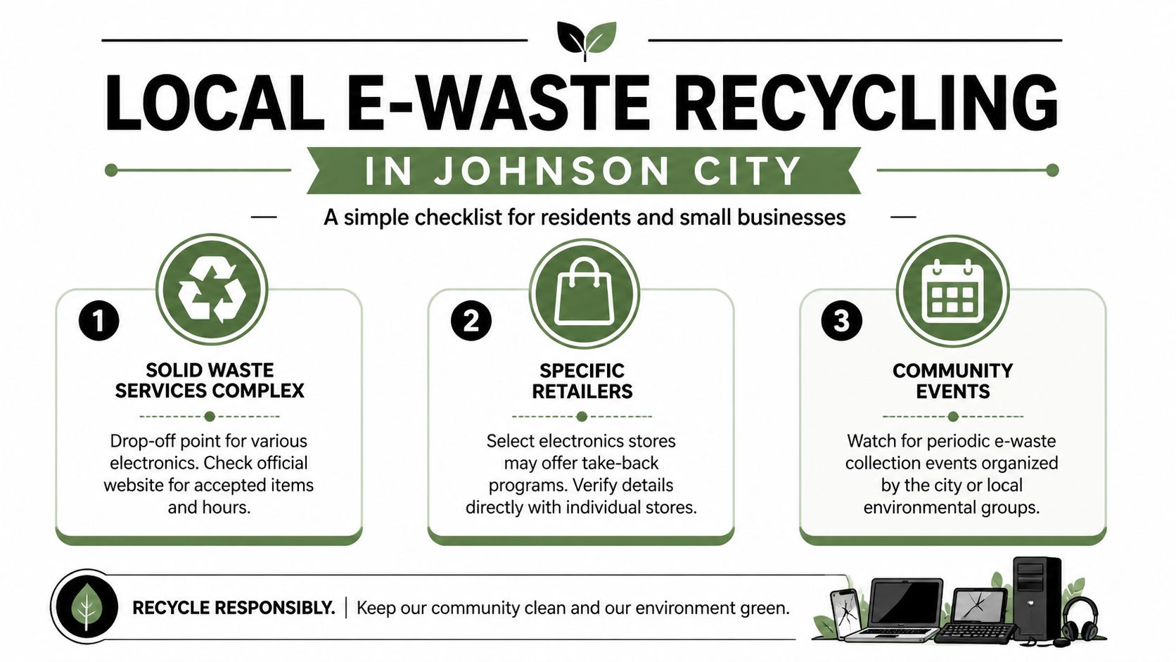 An infographic titled Local E-Waste Recycling in Johnson City outlining three ways for proper electronics disposal.