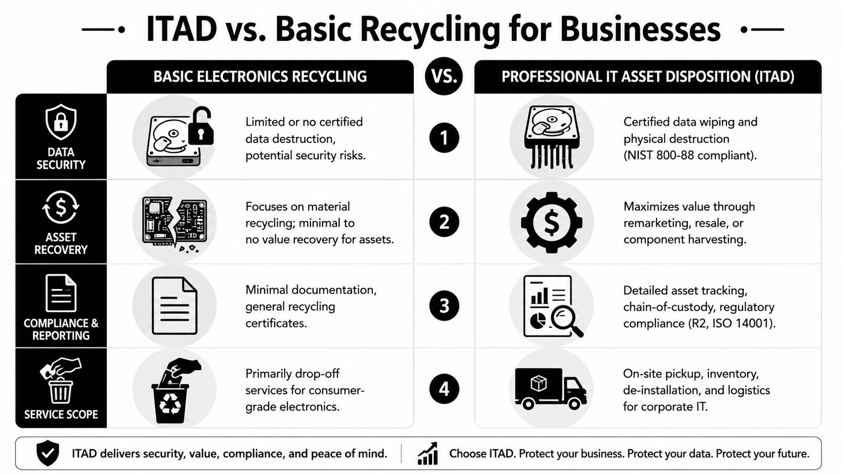A comparison chart showing benefits of IT Asset Disposition services versus basic electronics recycling for businesses.