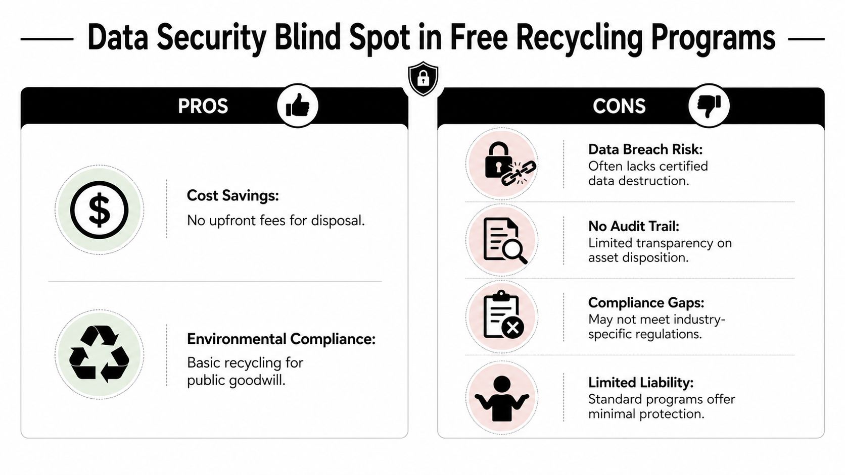 An infographic comparing the pros and cons of using free electronics recycling programs for data security.