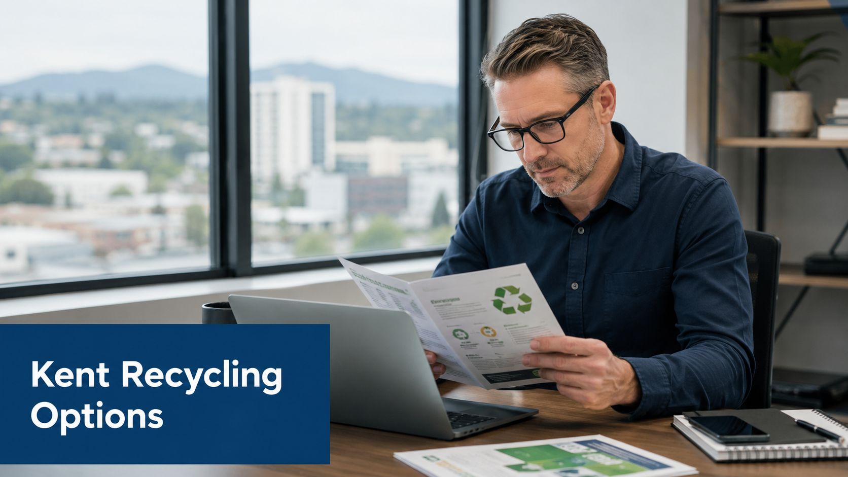 A professional man reviewing recycling information documents while sitting at a desk with his laptop.