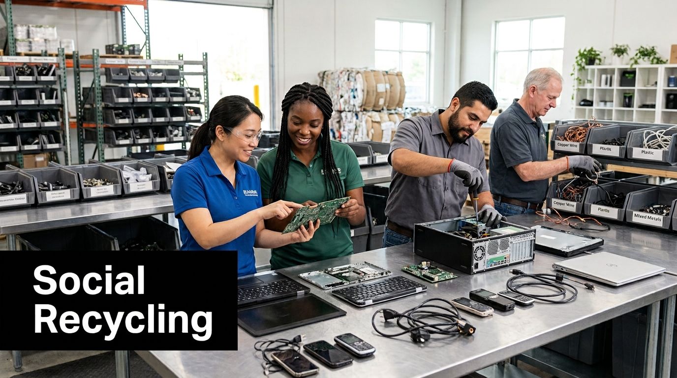 A team of diverse workers disassembling and sorting electronic waste in a professional recycling facility center.