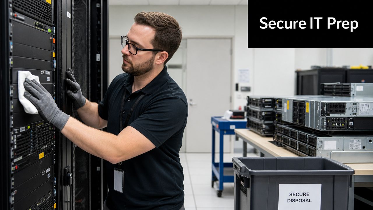 A technician wearing gloves cleaning server equipment for professional electronics recycling and secure data disposal.