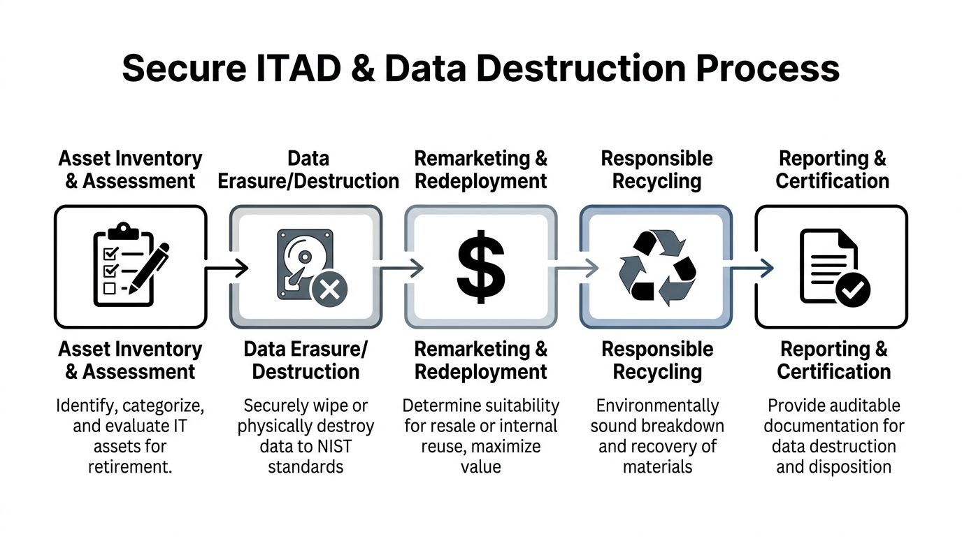 A flowchart showing the secure IT asset disposition and data destruction process, including inventory, wiping, and recycling.