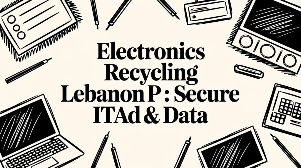 The text "Electronics Recycling Lebanon P: Secure ITAd & Data" is bordered by illustrated devices and pens.