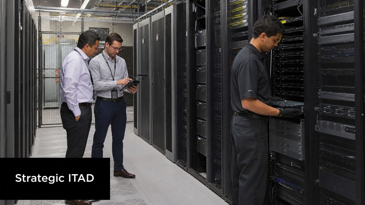 Three professional technicians working in a modern data center with server racks and electronic equipment.