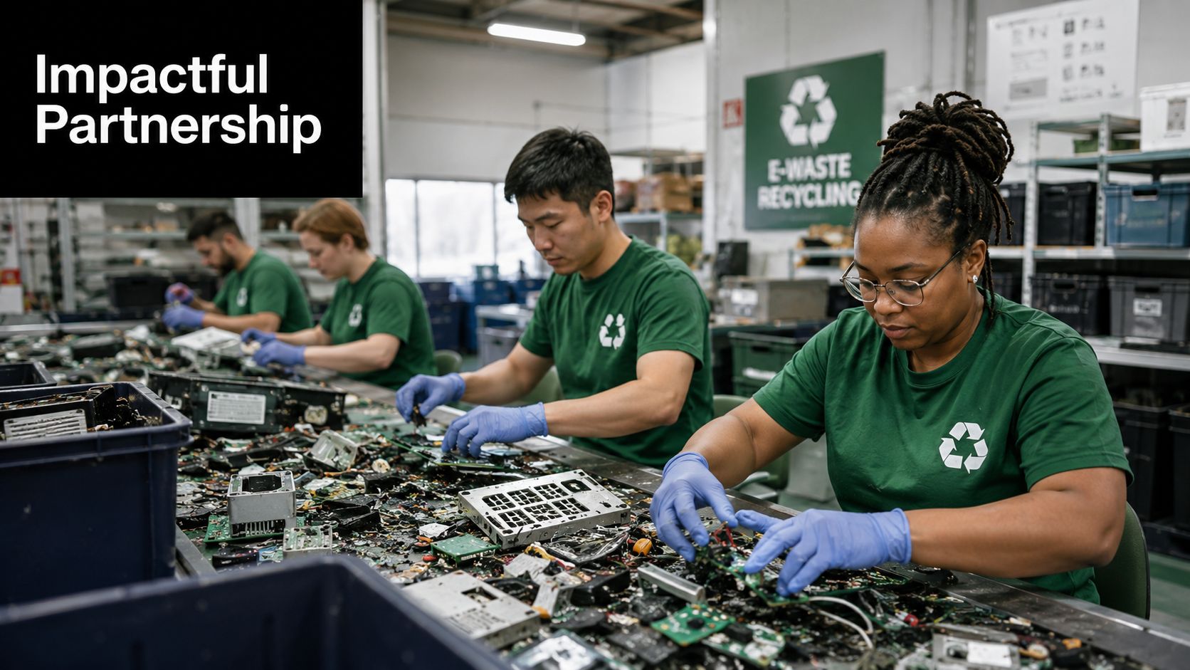 A team of workers in green t-shirts carefully disassembling electronic components at an e-waste recycling facility.