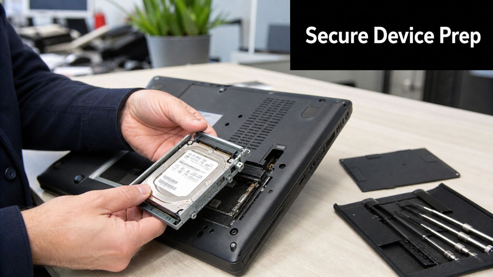 A technician carefully removes a hard drive from a laptop during a secure device preparation session.